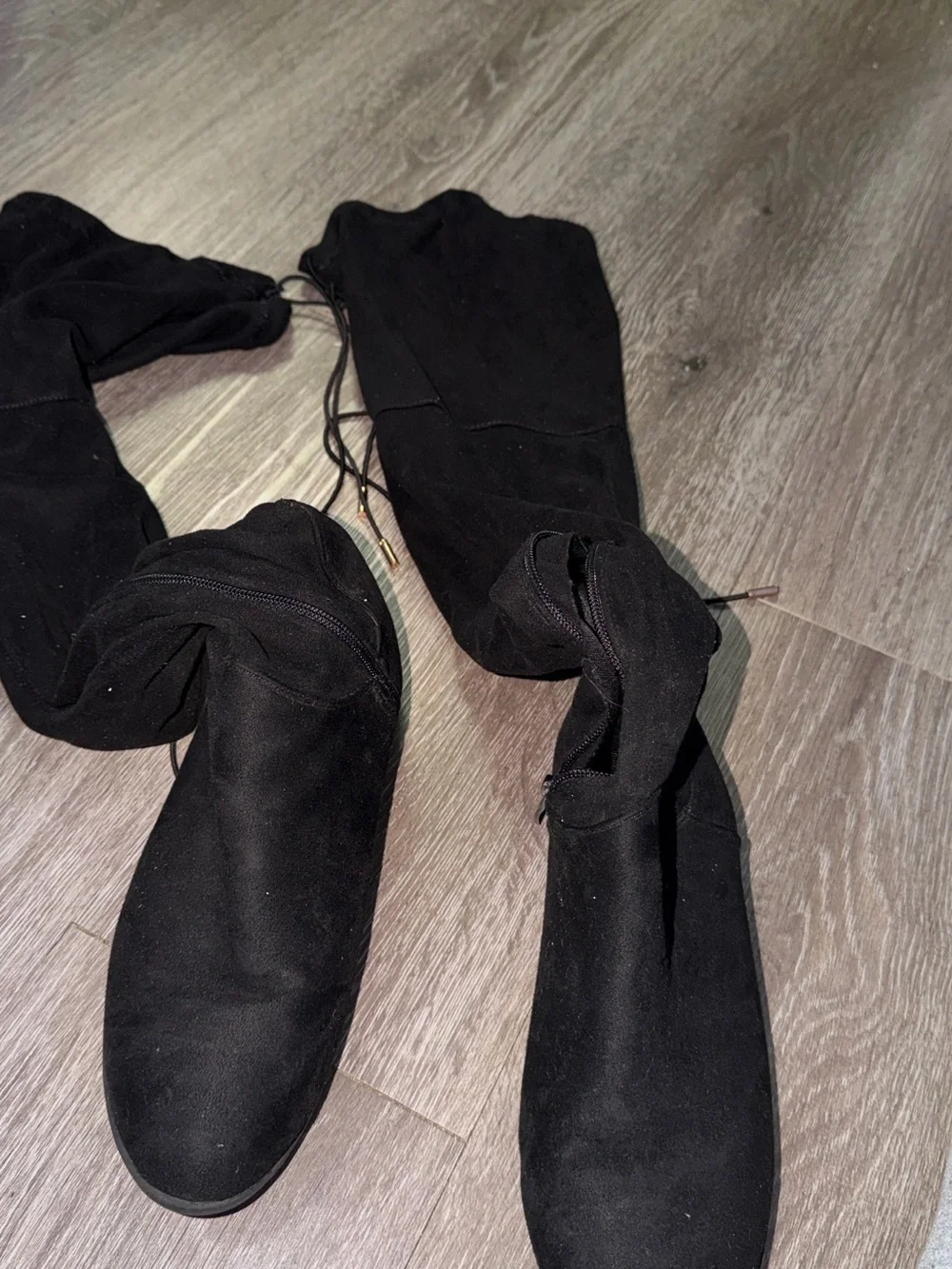 Fashion Nova Black Over-the-Knee Stretch Boots with Drawstring
